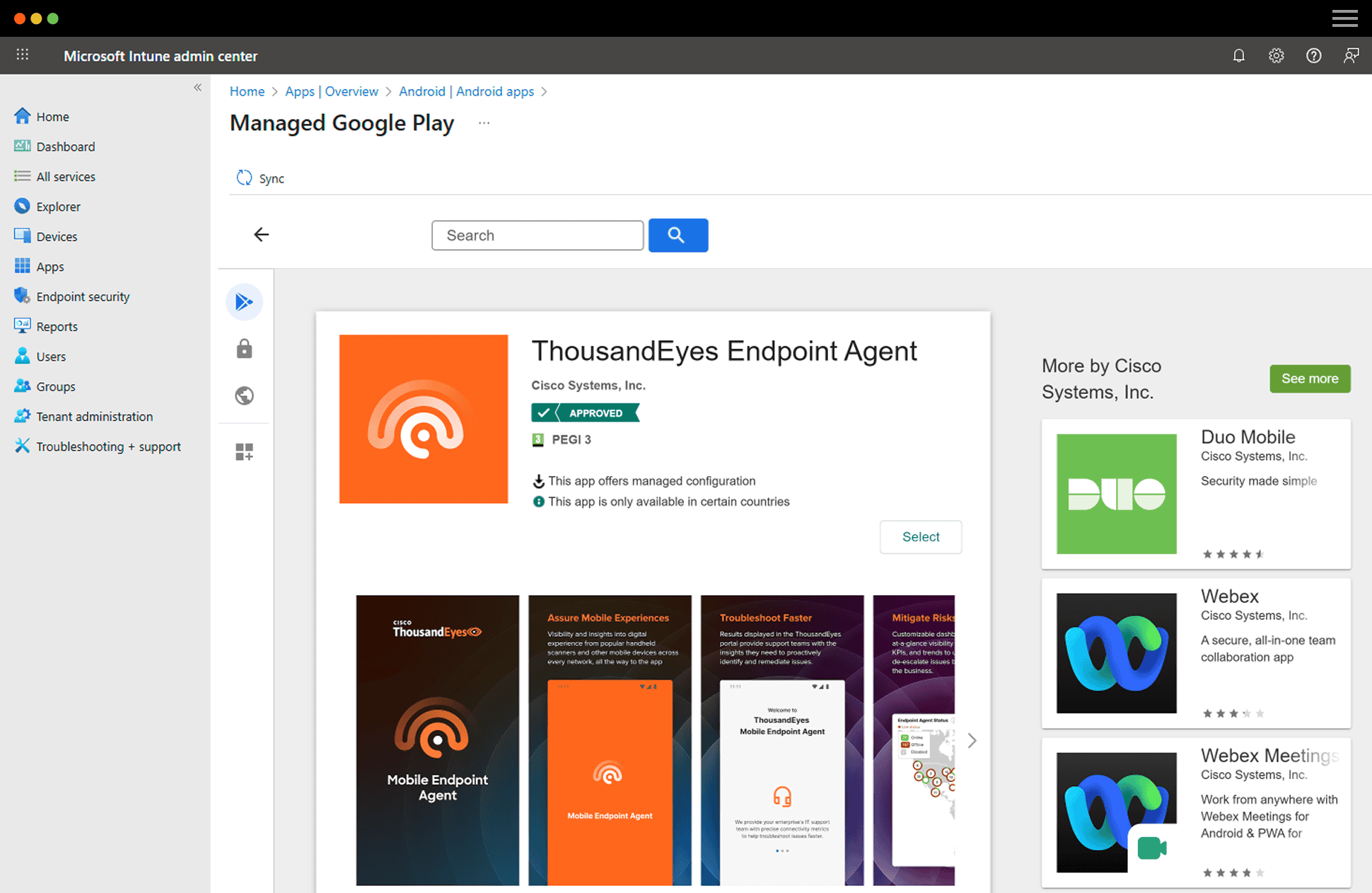 Screenshot showing MDM deployment of ThousandEyes Mobile Endpoint Agent via Microsoft Intune